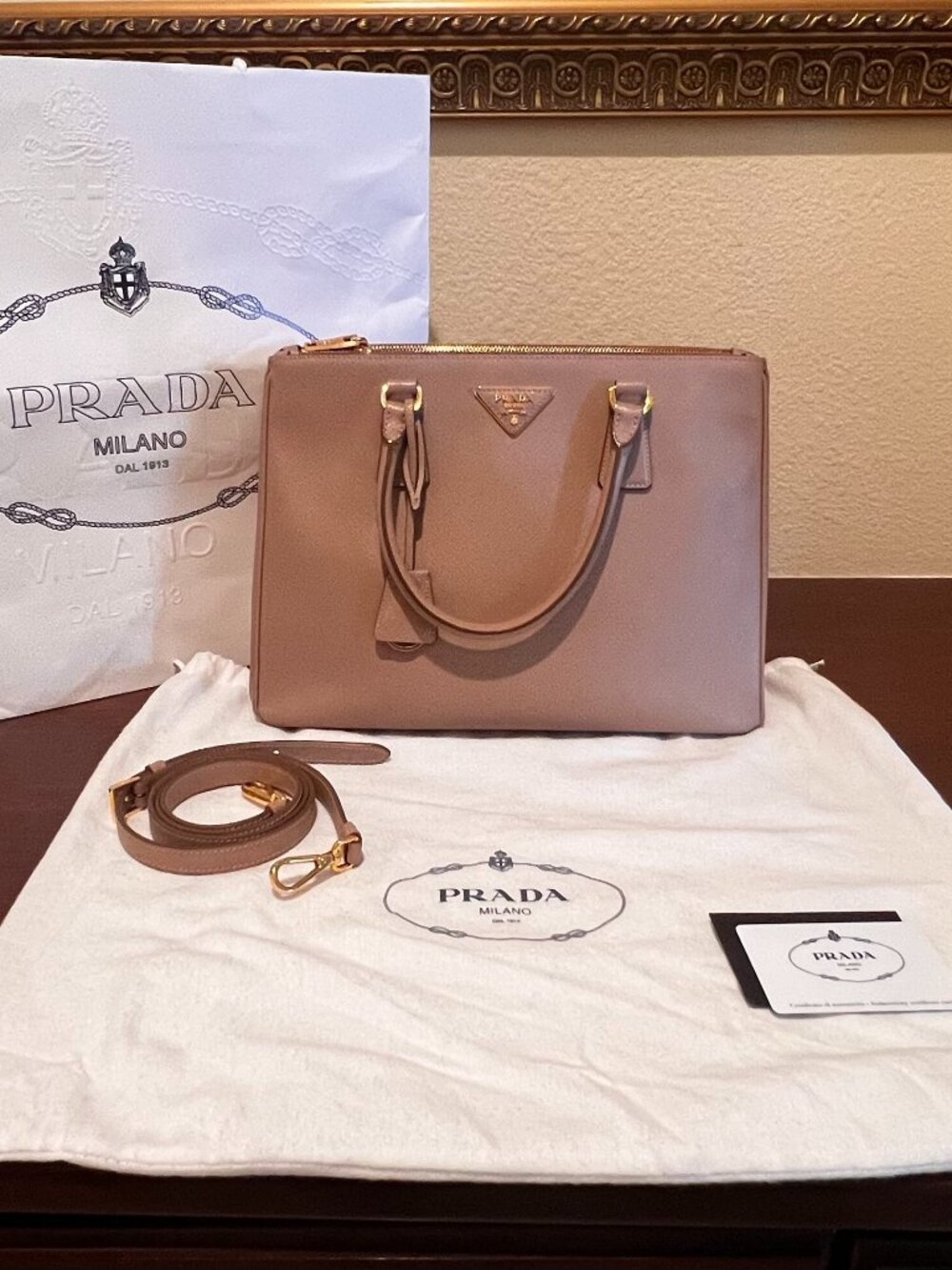 Prada Galleria Saffiano Lux Cameo Leather Bag + Strap & Authenticity Card